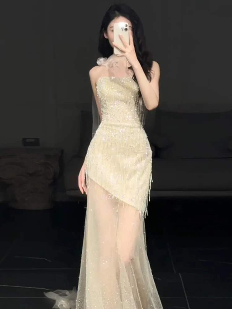 Robe de soirée sirène de luxe pour femmes, Sexy, maille scintillante, couture, paillettes, sans bretelles, robes de bal pour occasions spéciales