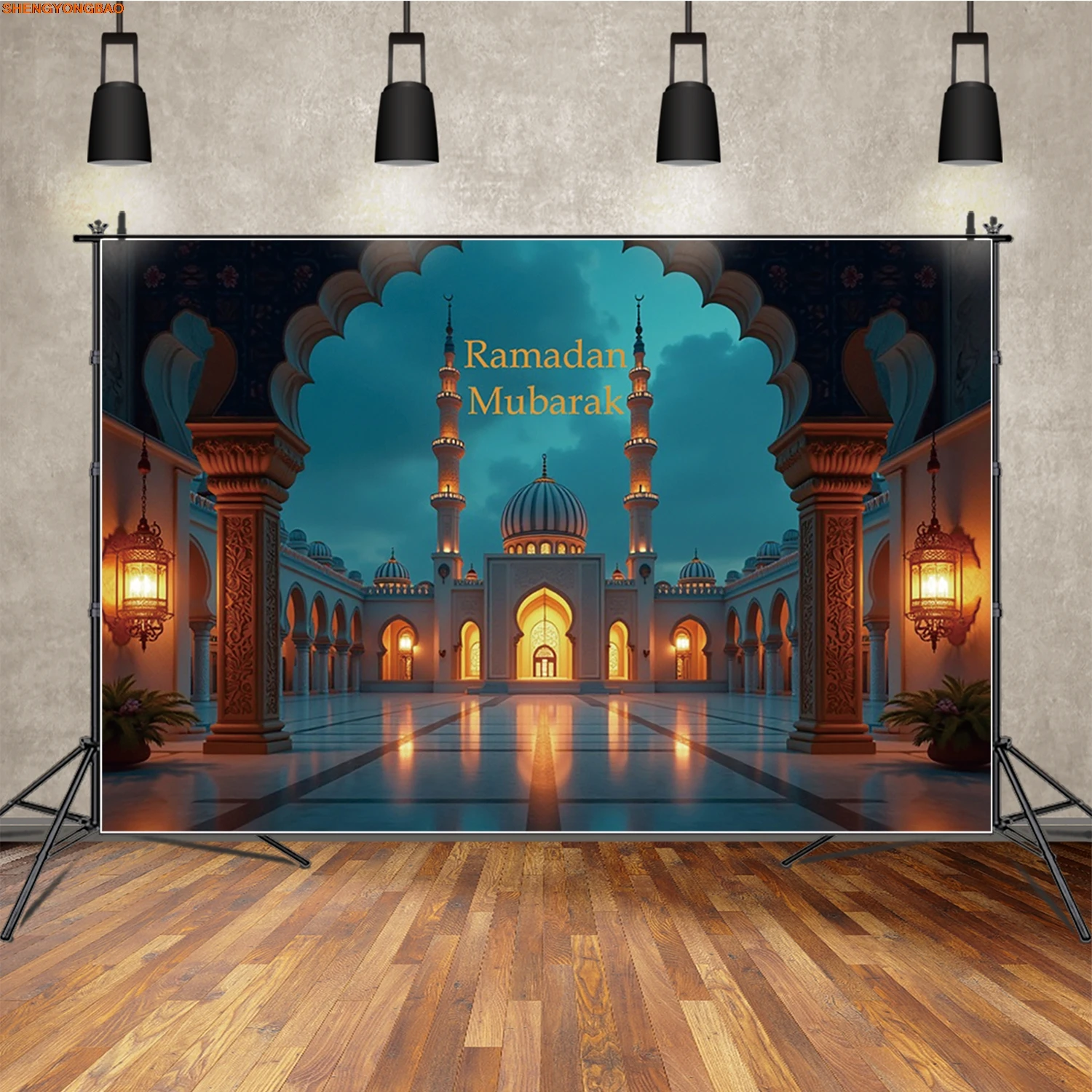 

Eid Moon Mubarak Photography Background Mosque Gold Light Palace Photozone Backdrop Party Event Celebration