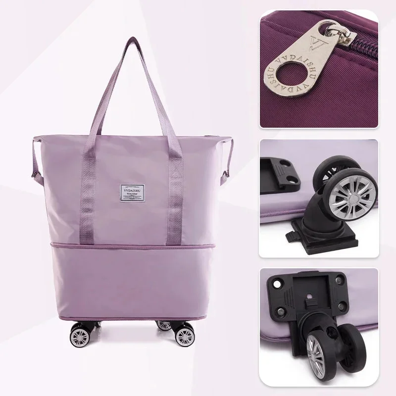 Foldable Storage Bag With Wheels Expandable Portable Luggage Bags Outdoor Travel Rolling Pack Large Capacity Woman Shopping Bag