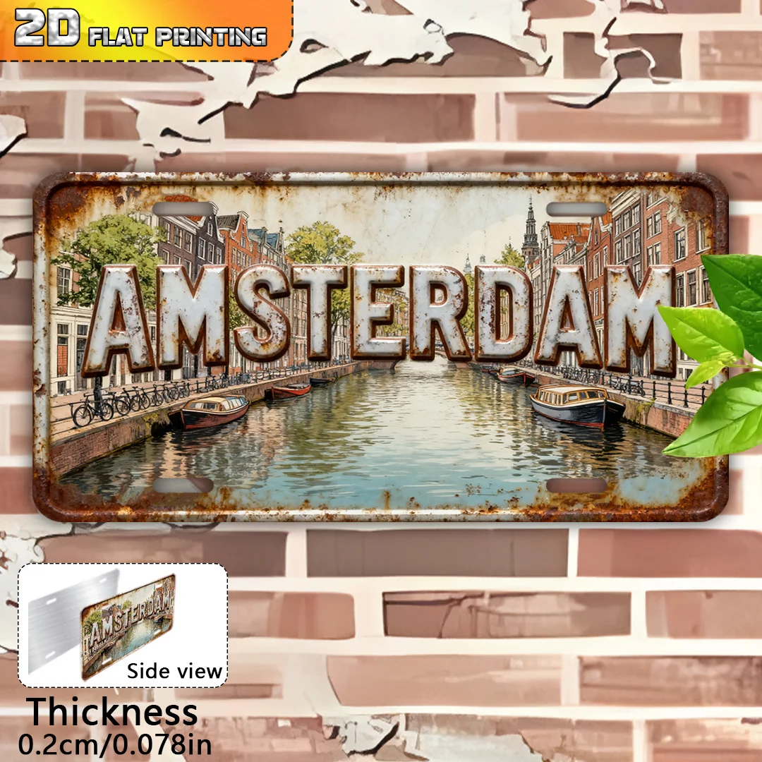 2D Flat, 2D Flat Printing, 1pc, Retro Aluminum Sign, Outdoor Plaques and Wall Art (15.24cmx 30.48cm), Amsterdam Canal Scene,