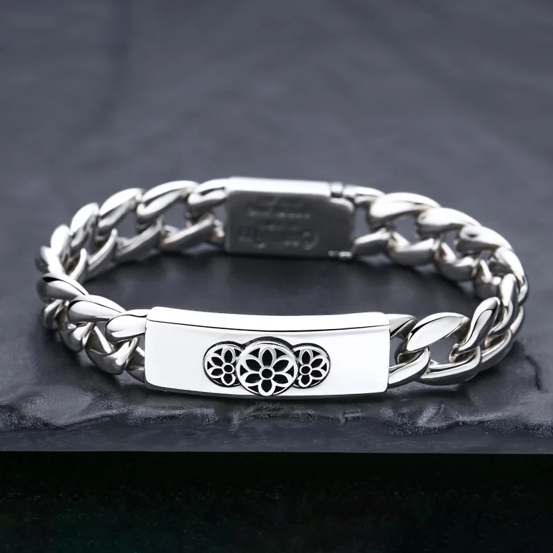 

925 sterling silver bracelet glossy thick type men's cherry blossom single trendy unique Thai silver retro distressed ornament