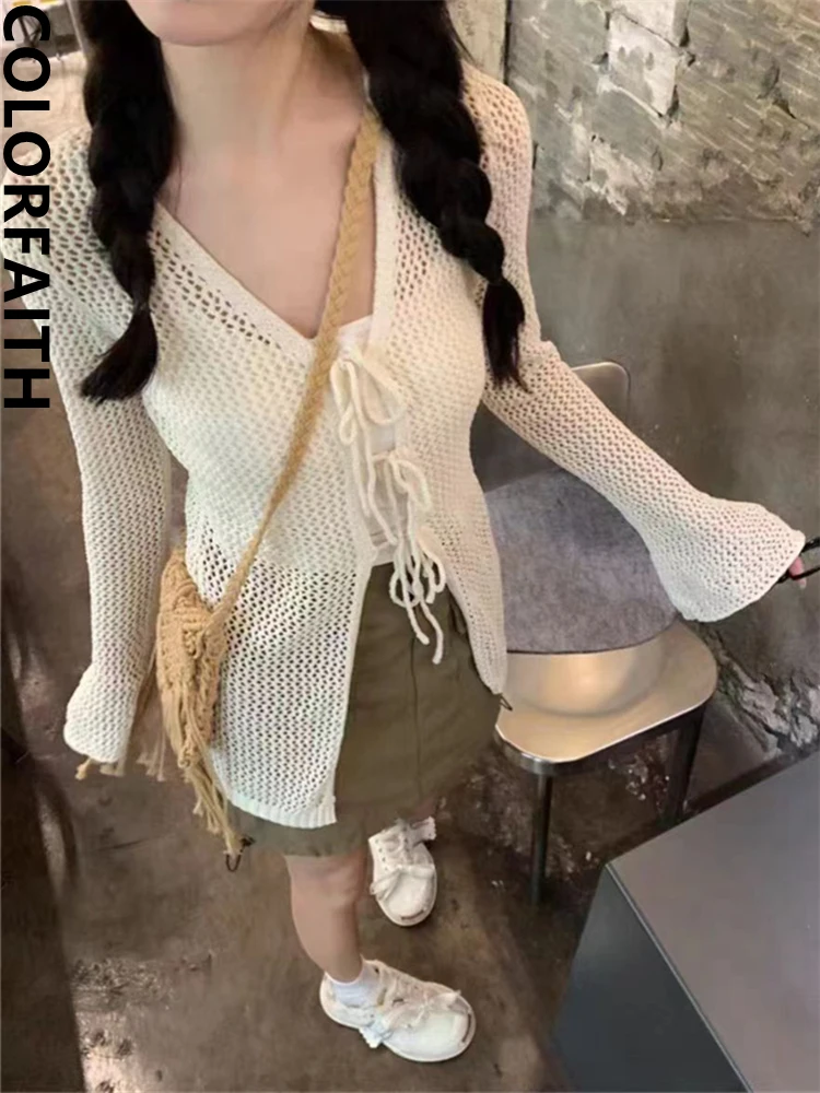 Colorfaith SWC9662JX New 2024 Vintage Lace Up Elegant Lady Korean Fashion Knitting Cardigans Women Spring Summer Sweaters Tops