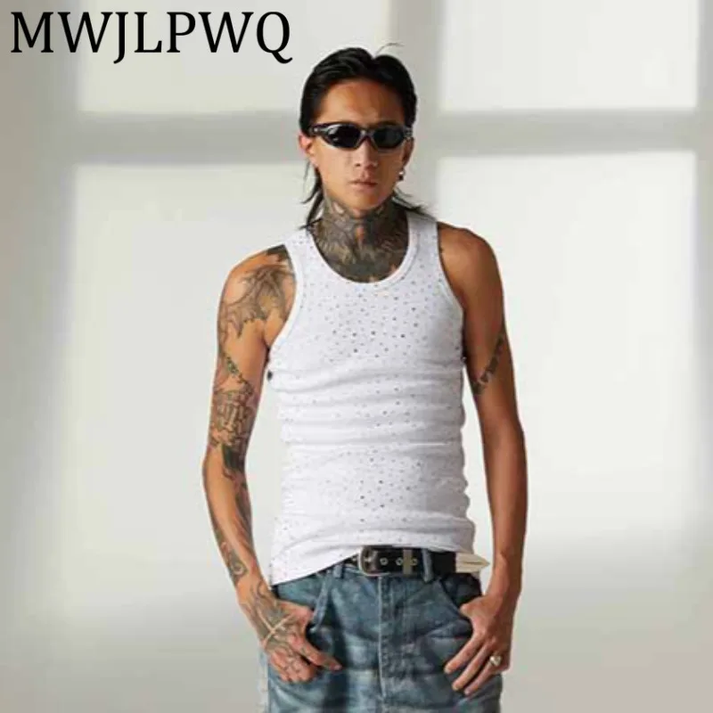 

MWJLPWQ 2025 летний индивидуальный жилет со стразами, мужской жилет с круглым воротником, американская мода, уличные повседневные топы без рукавов 12572