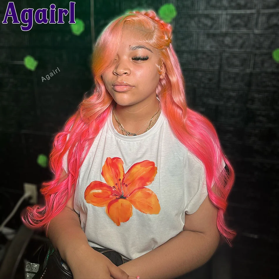 Ketebalan 200% 13x6 Omber Pink renda Frontal wig rambut manusia transparan 13x4 wig gelombang tubuh depan renda Untuk hitam wanita prepked