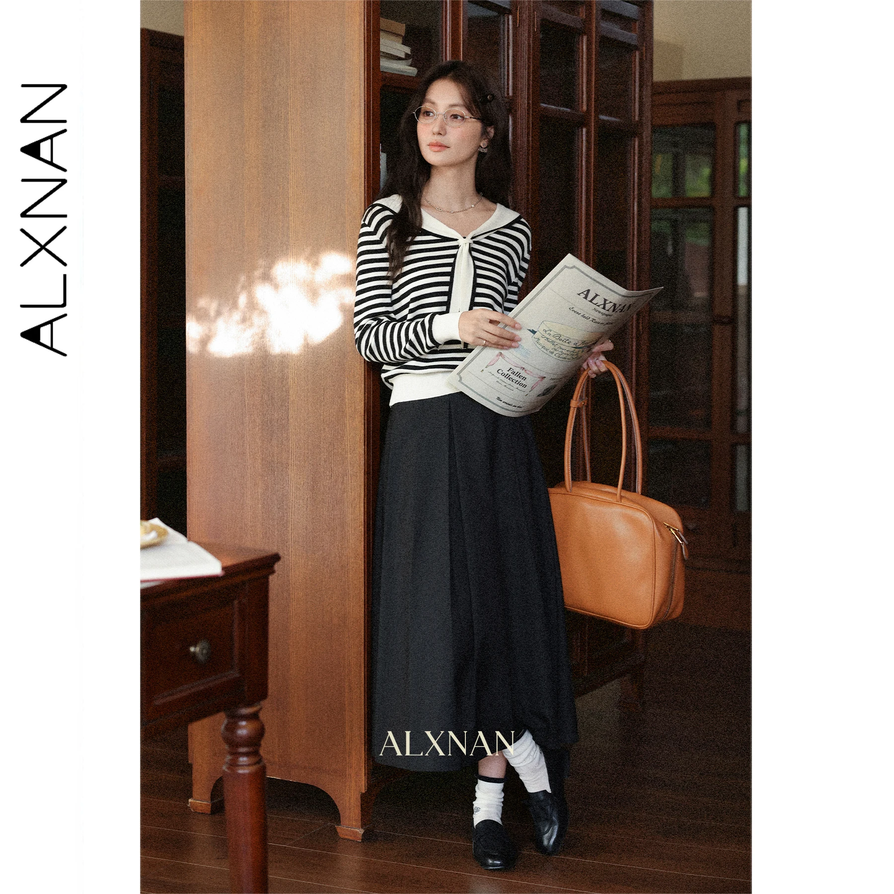 ALXNAN темно-синий полосатый свитер с воротником, женские осенние шерстяные элегантные пуловеры с длинными рукавами, 2025 г., повседневные свободные женские топы L57252