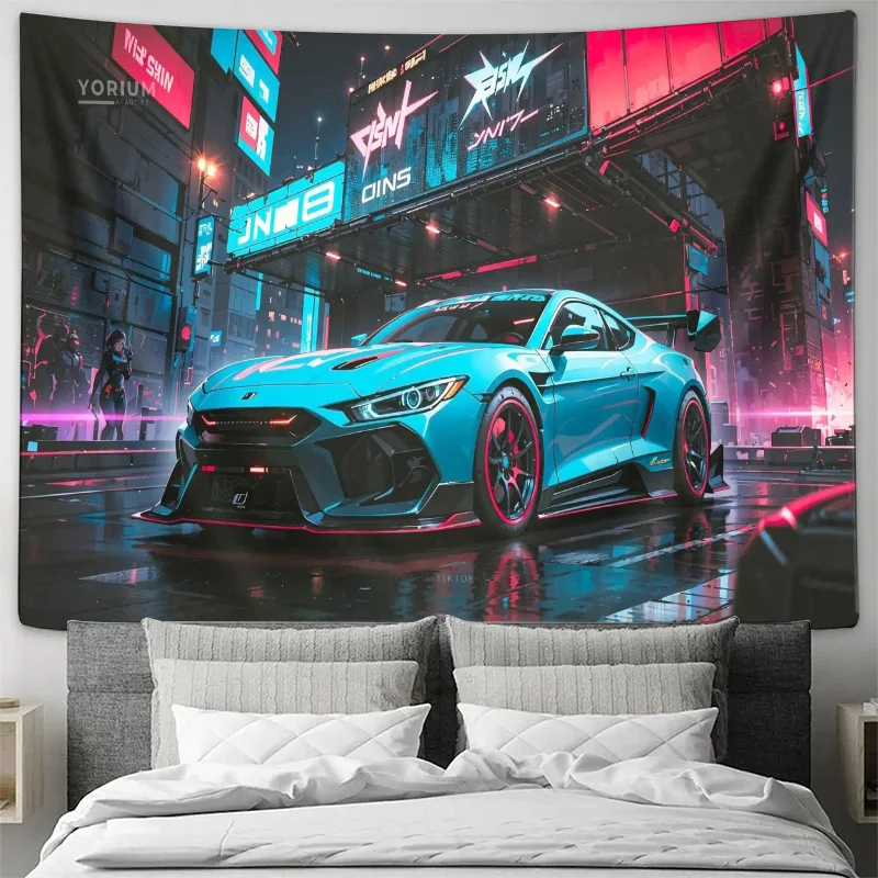 Cyberpunk Neon City Street with Blue Sports Car and Digital Billboards Tapestry Machine Washable All Season Decor Home non-toxic