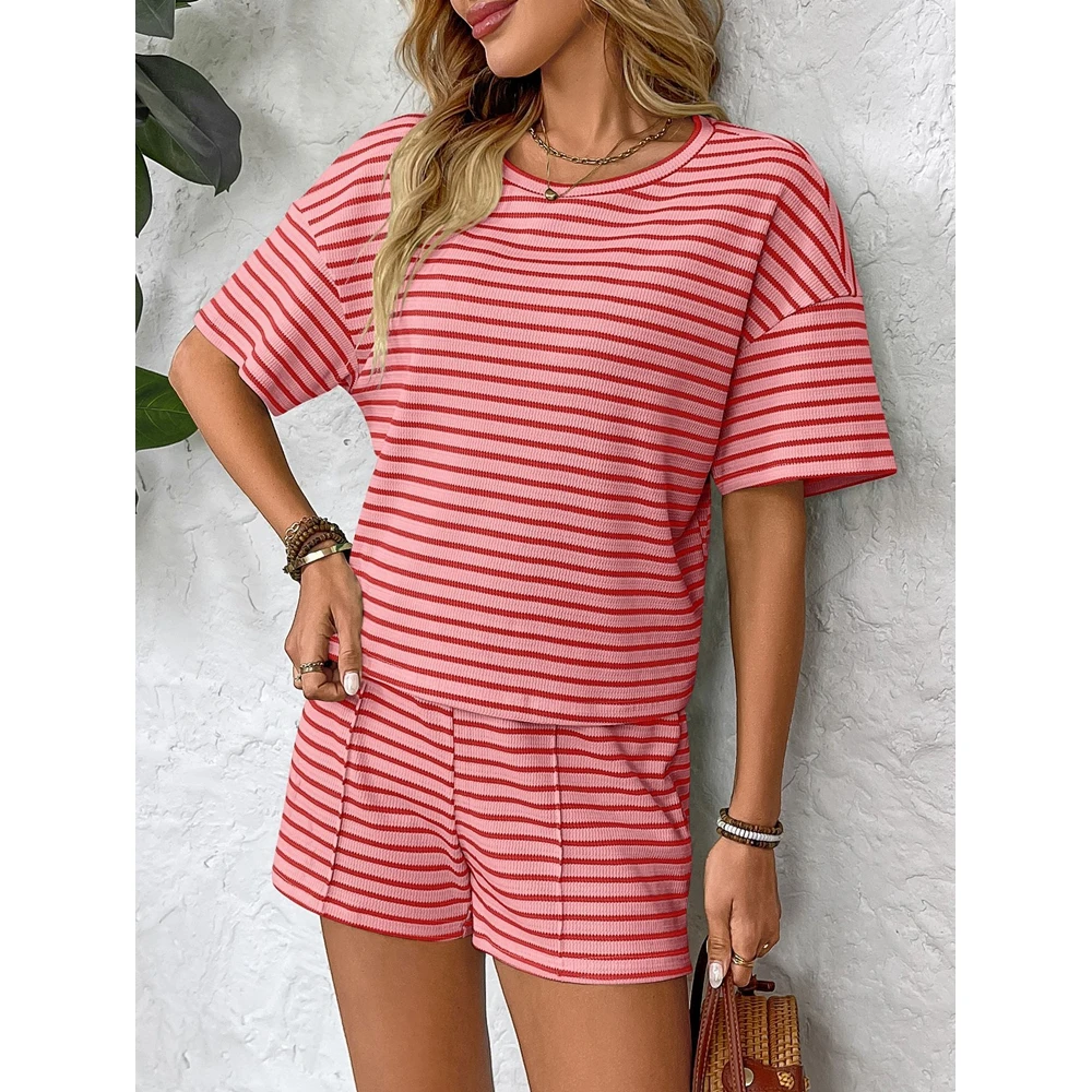 

2025 Fashion Women Striped 2 Pieces Set Fashion Drop Short Sleeve Round Neck T Shirts and Shorts Set Summer Outfits Home Wear