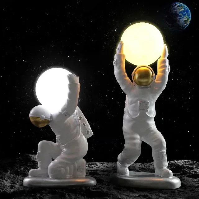 Nordic Resin Moon Night Light Spaceman Sculpture Home Bedroom Desktop Ornaments Crafts Store Hotel Table Accessories Decoration