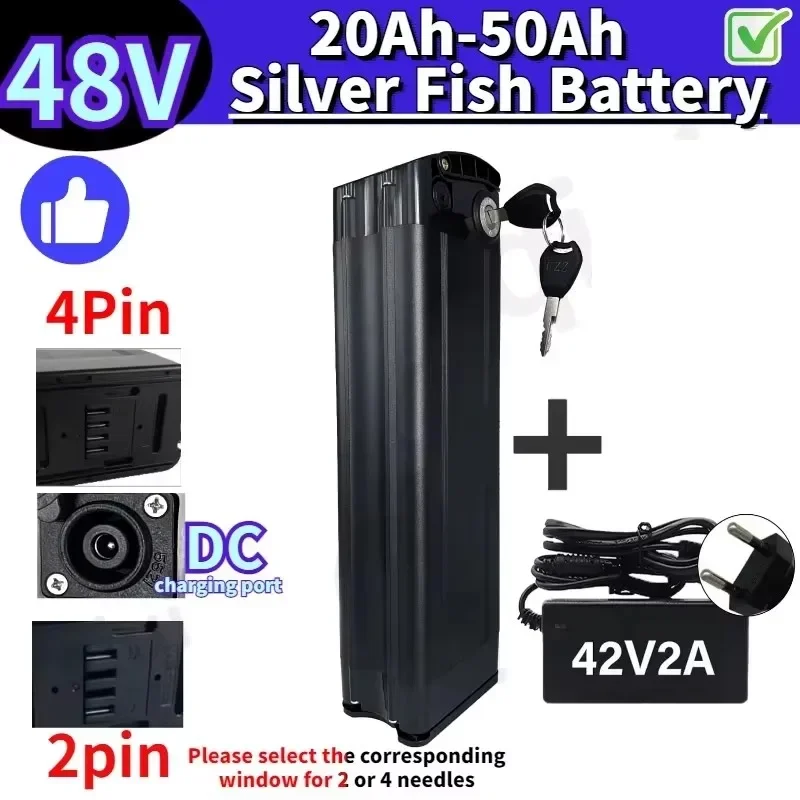 48V 20Ah-50AH Electric Silver Fish Bicycle Battery 48V Lithium Battery Aluminum Shell Anti Theft Lock Comes with Charger