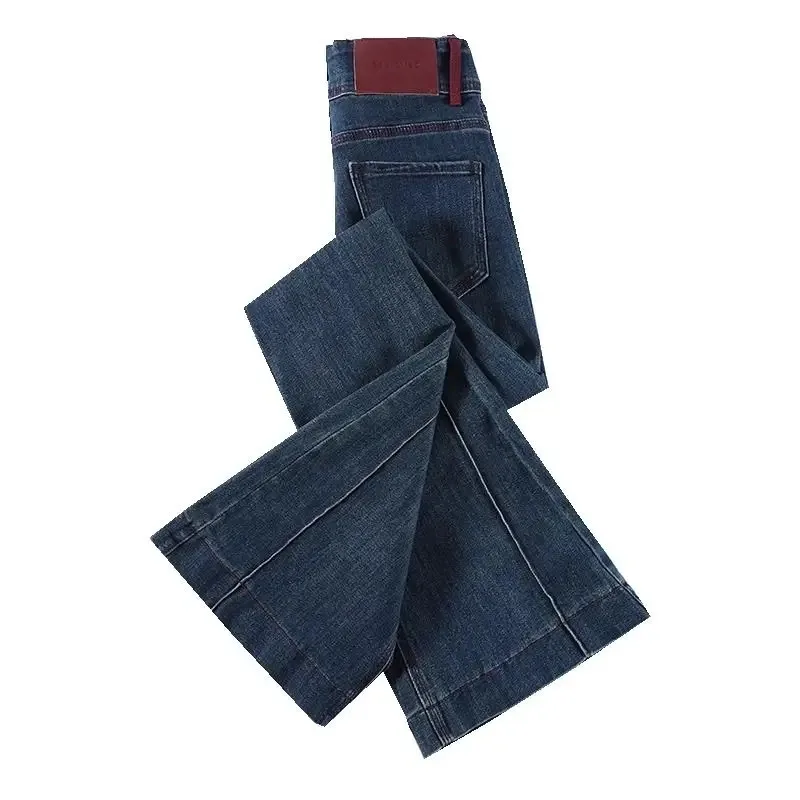 Amerikaanse Retro Contrasterende Kleur Micro-flare Jeans Dames 2025, Lente en Herfst Nieuwe Buikverstrakkende Billen Splitsen