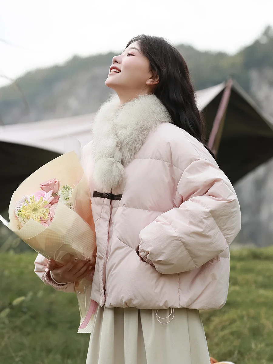 

Ele Thiened White Du down Jaet Pure Color Left Bank Sle Fur Collar Warm Cozy ort Coat for Women Commute Sle