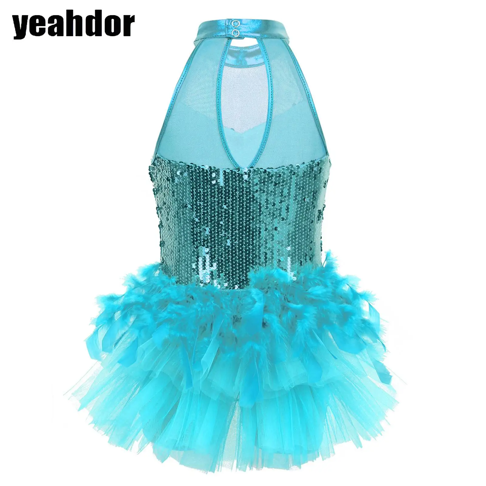 Combinaison de danse Jazz à paillettes brillantes pour filles, sans manches, justaucorps de danse de Ballet latin, Tutu en plumes, body de gymnastique, vêtements de danse