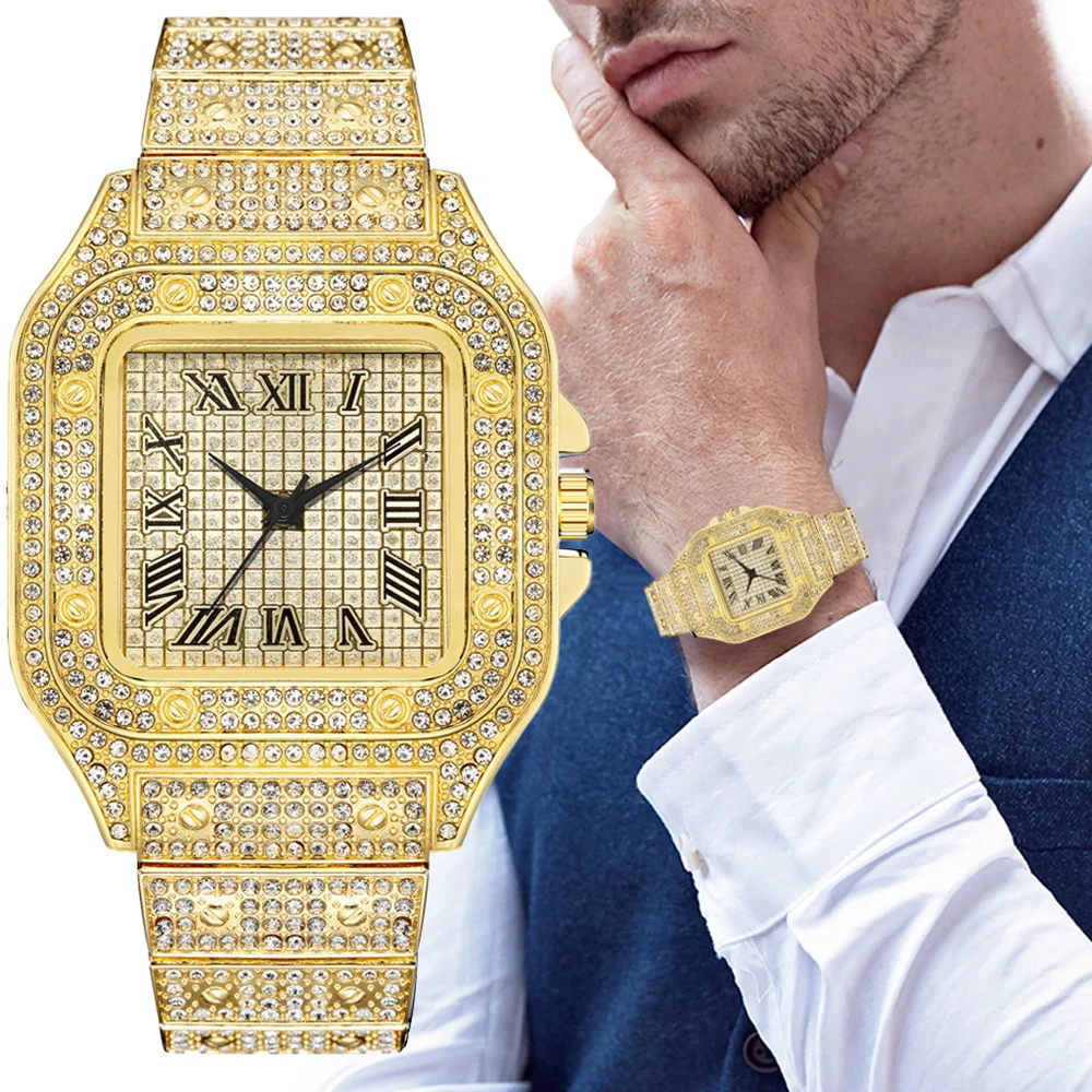 Luxury Square Men's Business Watches Steel Strap Roman Dial Rhinestone Quartz Watch Lesiure Male Wristwatch Relogio Masculino view 3
