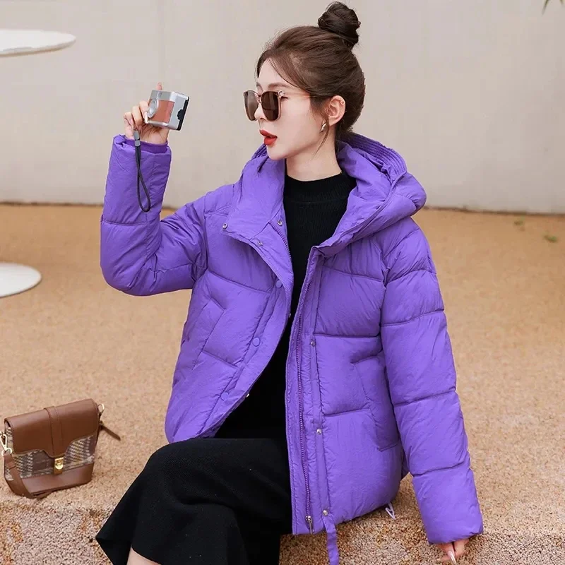Purple Cotton Coat Short Down Cotton Coat Women Autumn Winter 2024New Fashion Korean Version Thickened Cotton Coat Loose Outcoat