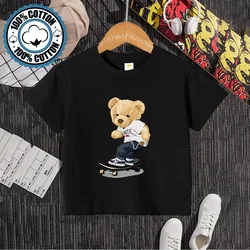 Kids Summer Creative Skateboard Bear Print 100% Cotton T-shirt Boys Girls Comfortable Casual Short sleeve teen top Cotton T-shir