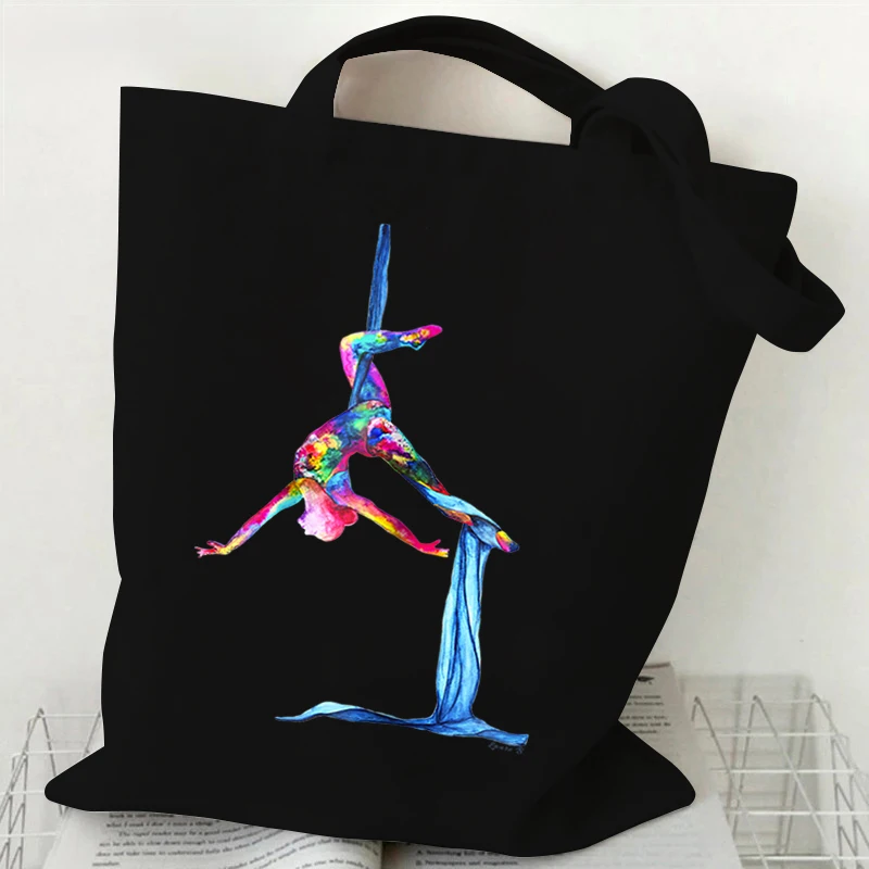 Women Canvas Shopping Bag Vintage Retro Yoga Print Teenager Hiking Trekking Bags Yoga Graphic Reusable Versatile Storage Bags