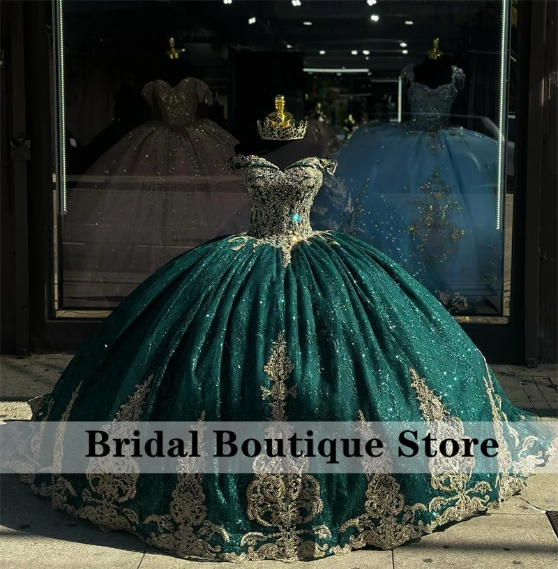 

Glitter Green Princess Ball Gown Quinceanera Dresses Beads Lace Appliques Crystals Beads Wedding Gown PromParty Sweet 16 Dress