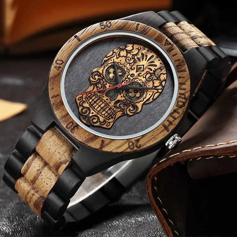 Brown Zebra Wood Watch Men Watches Wooden Strap Band Quartz Male Wristwatch Pirate Skull Engraved Men's Clock reloj de madera