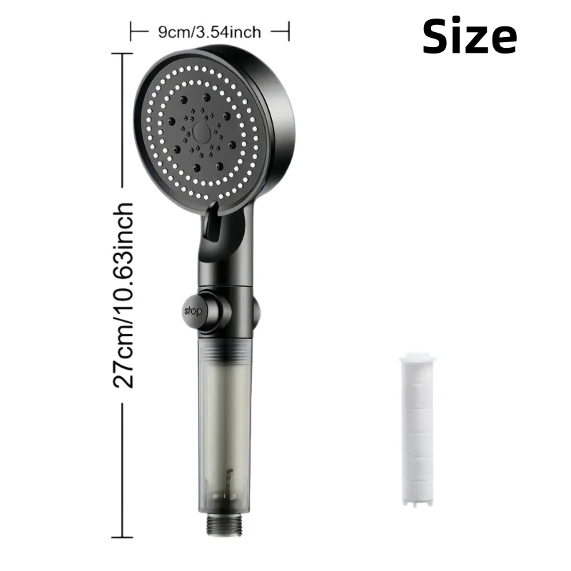 Black High Pressure Water Saving Shower 5 Modes One Key Stop Silicone Water Outlet Nozzles 20/15/10 Filters
