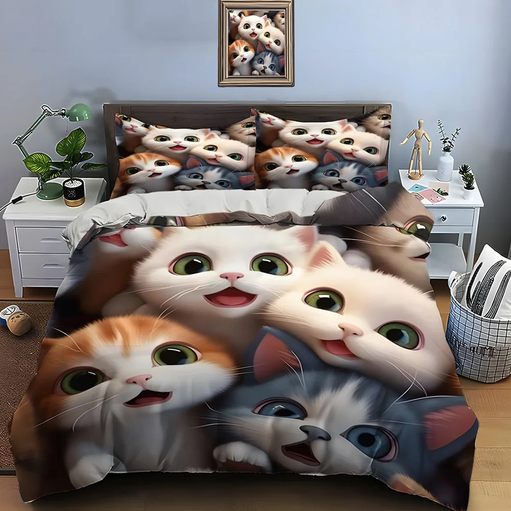 Cute Cartoon Cats Print Bedding Set Duvet Cover 1 Duvet Cover 2 Pillowcases Adult and Children Bedding Set Luxury Comforter Set