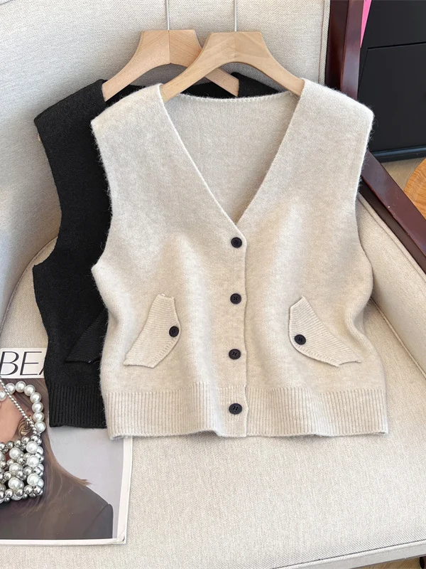 

Женский повседневный универсальный вязаный жилет больших размеров с V-образным вырезом, топ-майка из смесового хлопка для весны и осени