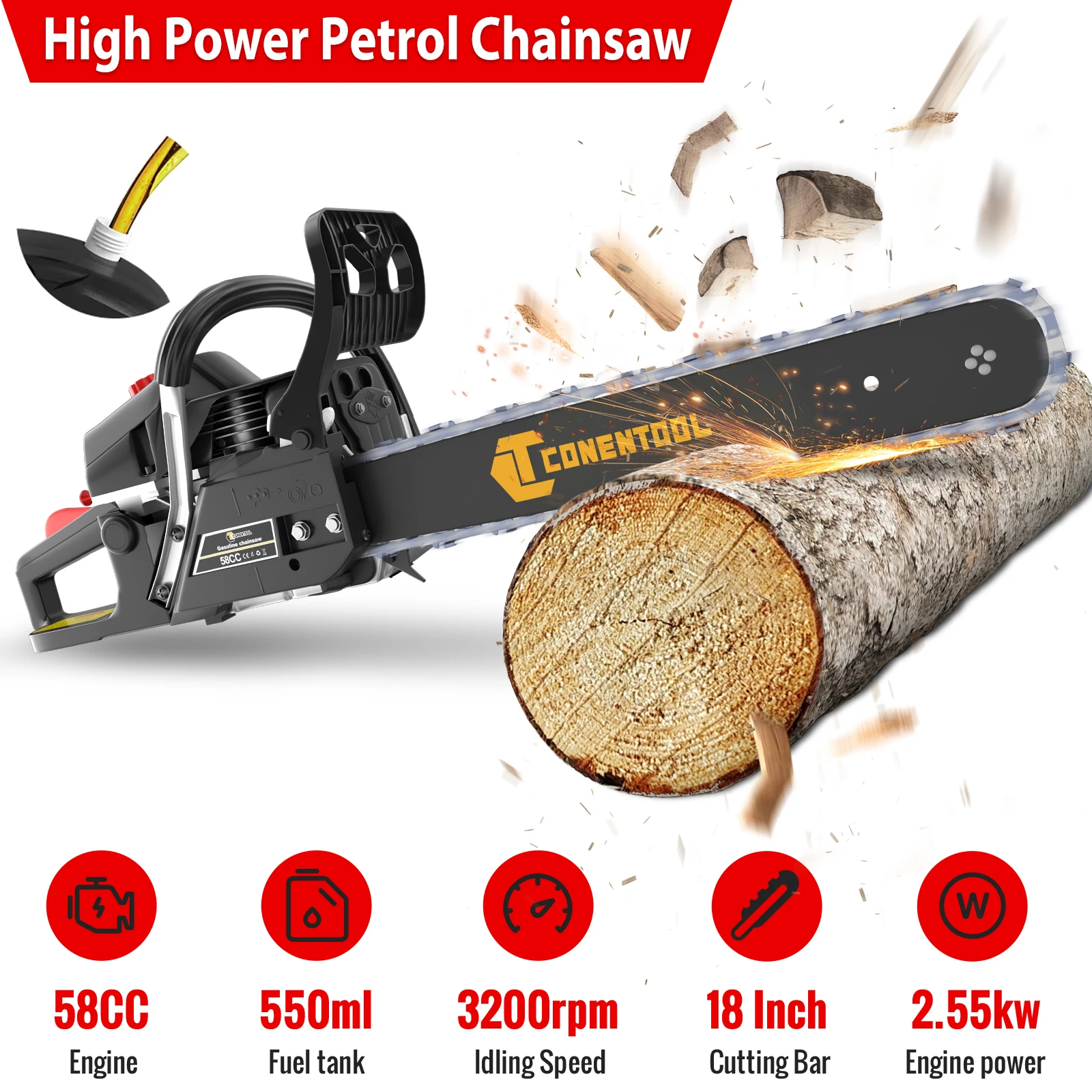 CONENTOOL 58CC 18 pollici 2 tempi 550ml motosega a olio motoseghe a benzina a batteria portatili ad alta potenza potatrice per taglio legno