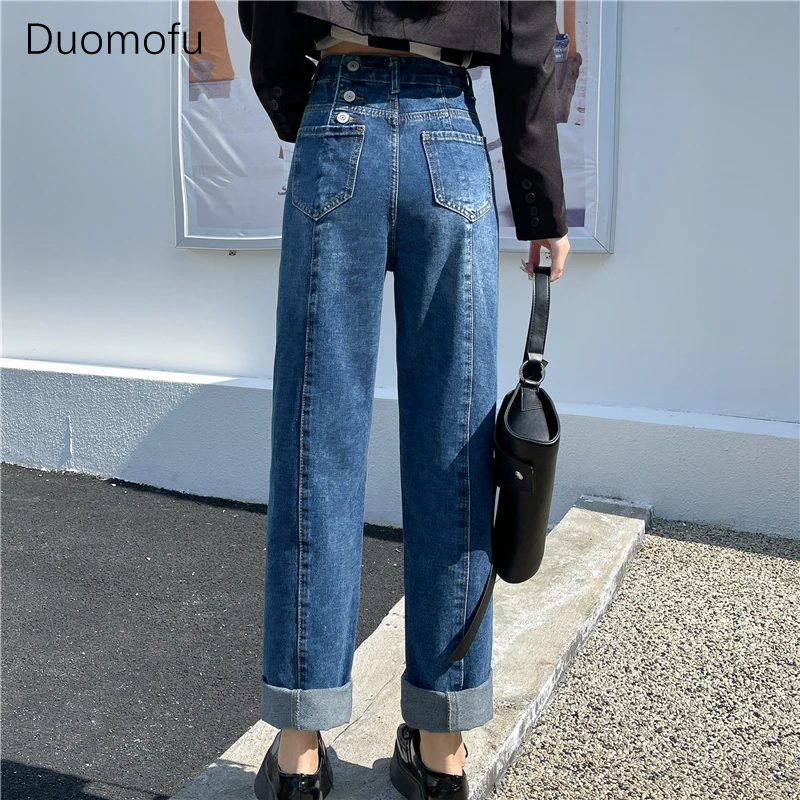 Duomofu Coréen Bleu Chicly Taille Haute Slim Casual Femmes Jeans Automne Mode Bouton Simple Book ine Longueur At XS-2XL Femme Jeans