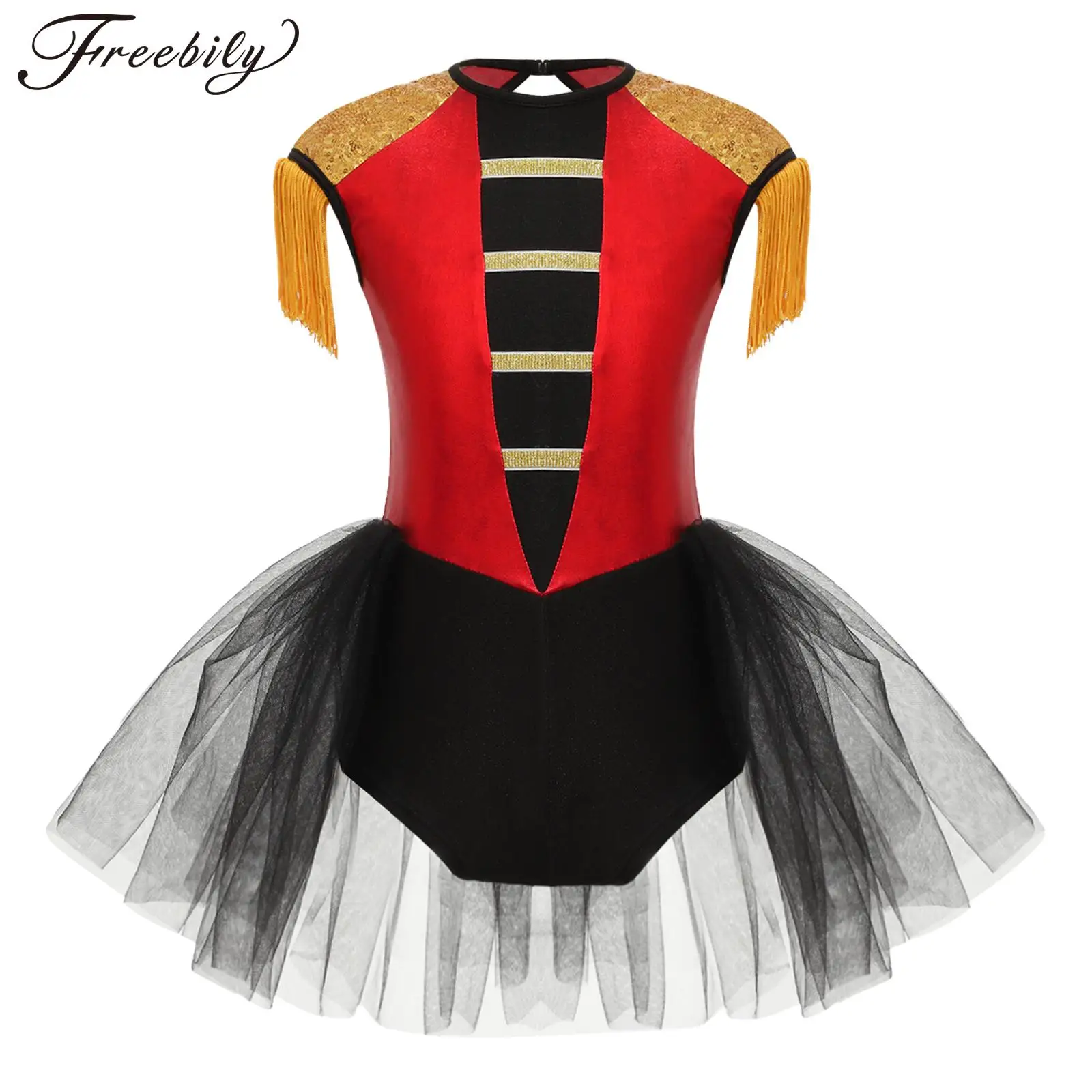 

Kids Girls Halloween Circus Ringmaster Showman Cosplay Performance Costume Sleeveless Sequin Tassel Leotard Tutu Dress Dancewear