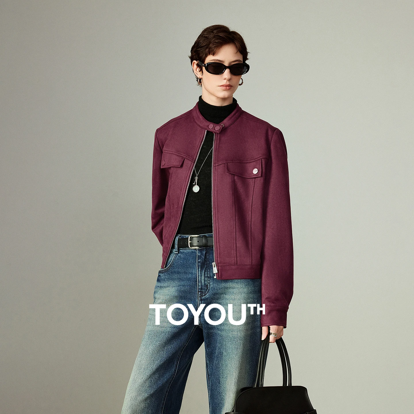 TOYOUTH Women Jackets 2025 Winter New Zipper Stand-up Collar Suede Retro Light Blue Outerwear
