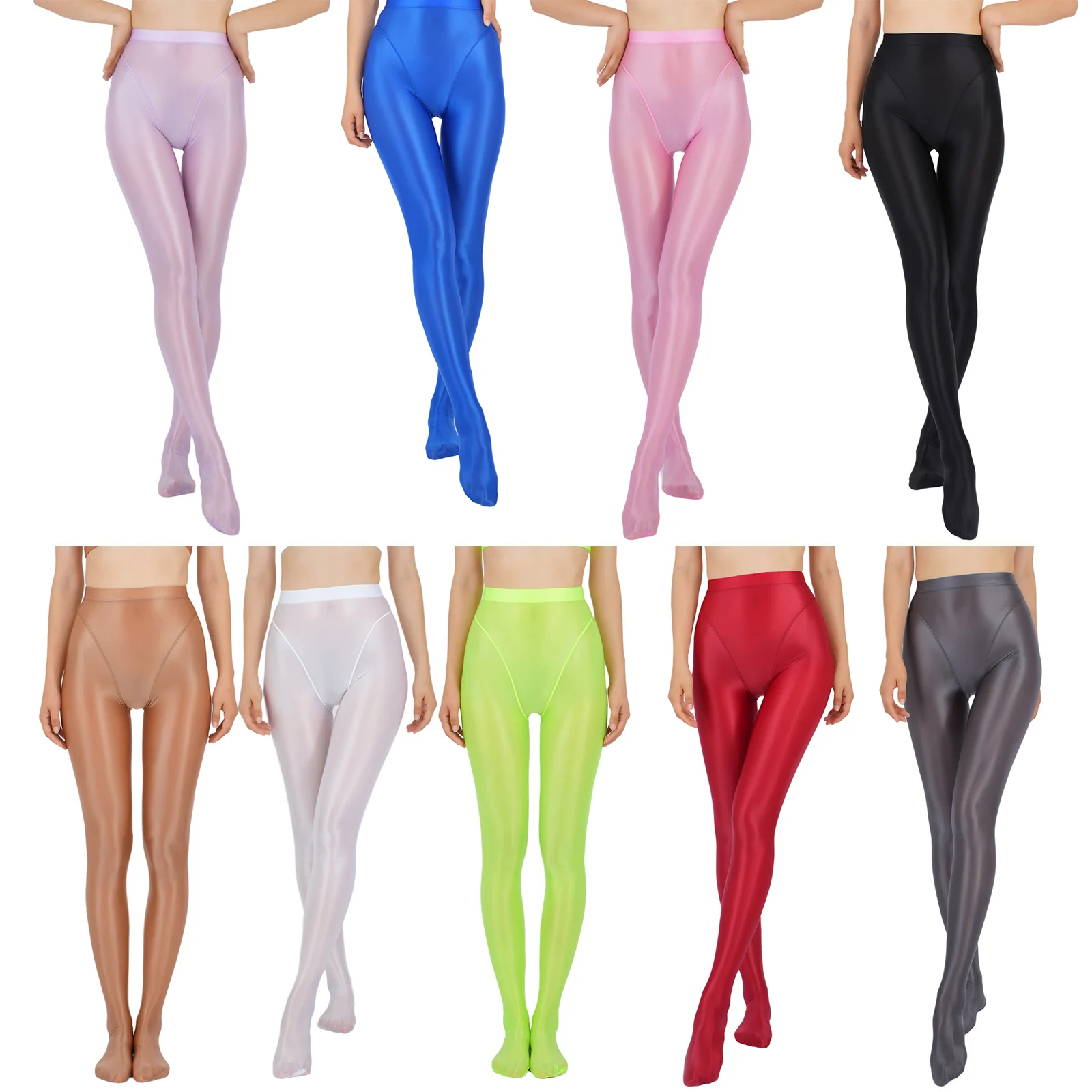 Women Glossy Shiny Smooth High Waist Stretchy Footed Stockings Pantyhose Leggings Tights Pants Slim Fit Close-fitting