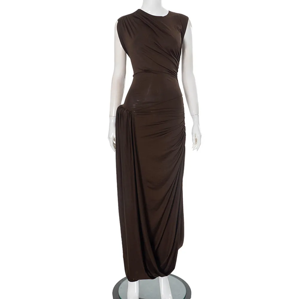 SKMY Women Clothing Solid Color Round Neck Sleeveless High Waist Pleated Backless Elegant Evening Party Long Dresses Clubwear