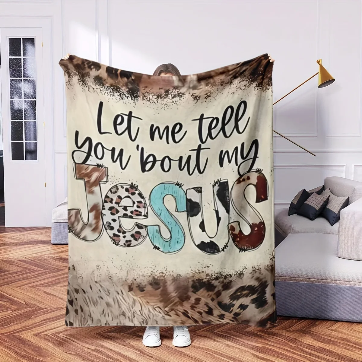 

Vintage-style "Let Me Tell You My Jesus" printed blanket - hypoallergenic polyester, machine washable, comfortably knitted
