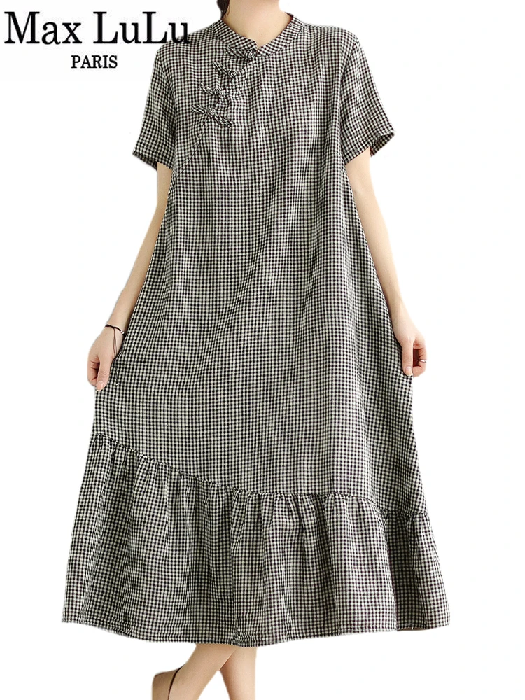 Max LuLu 2023 Chinese Design Fashion Womens Loose Plaid Linen Dresses Long Clothes Ladies Luxury Casual Elegant Classic Vestidos