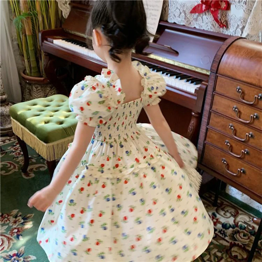 Vestido de princesa para niñas con flores dulces, Vestidos informales florales con mangas abullonadas para niñas, nueva moda coreana, ropa para niños