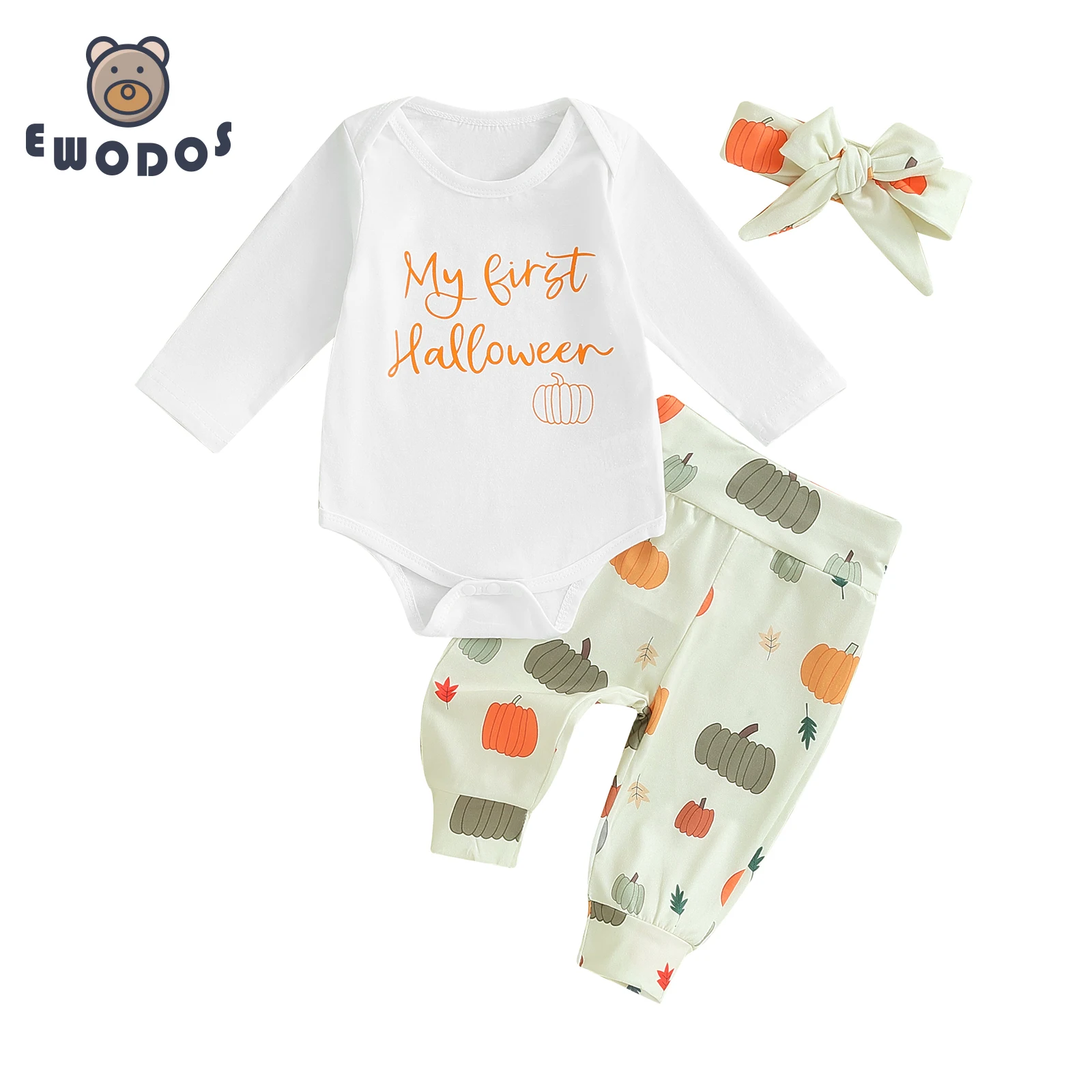 EWODOS Toddler Baby Girls 3PCS Outfit Pants Set Halloween Letter Print Long Sleeves Bodysuit Pumpkin Pants Headband Baby's Sets