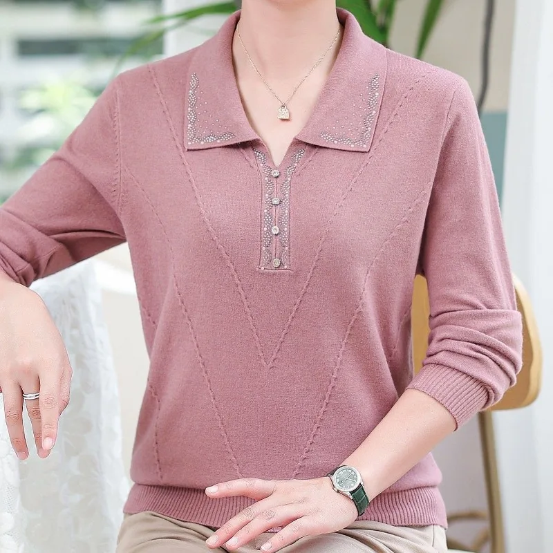 Autumn Winter Women's Pullover Turn-down Collar Solid Rhinestone Embroidered Flower Lantern Long Sleeve Sweater Knitted Tops