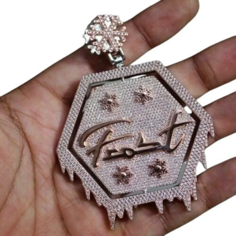 

3Ct Moissanite & Diamond Hexagon Pendant - 925 Sterling Silver 14K Rose Gold Plated Custom Letter Men's Gift