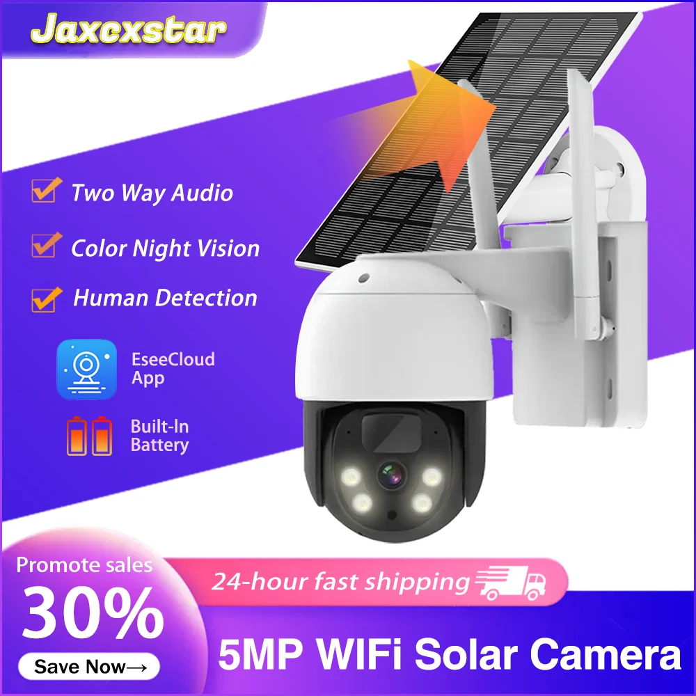 

5MP WiFi Solar Camera PIR Human Detection PTZ IP Cam With 10400mAh Solar Panel Recharge Battery Video Surveillance 360° Camera