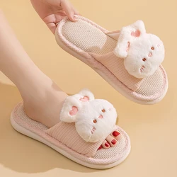 Cute Rabbit Decor Linen Slippers Women Non Slip Soft Sole Indoor House Slippers Woman Autumn Winter Bedroom Cotton Slides Ladies