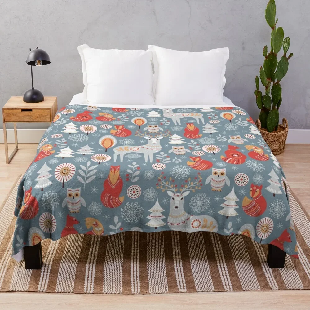 

Seamless pattern with winter forest, deer, owl and Fox. The Scandinavian style. Throw Blanket