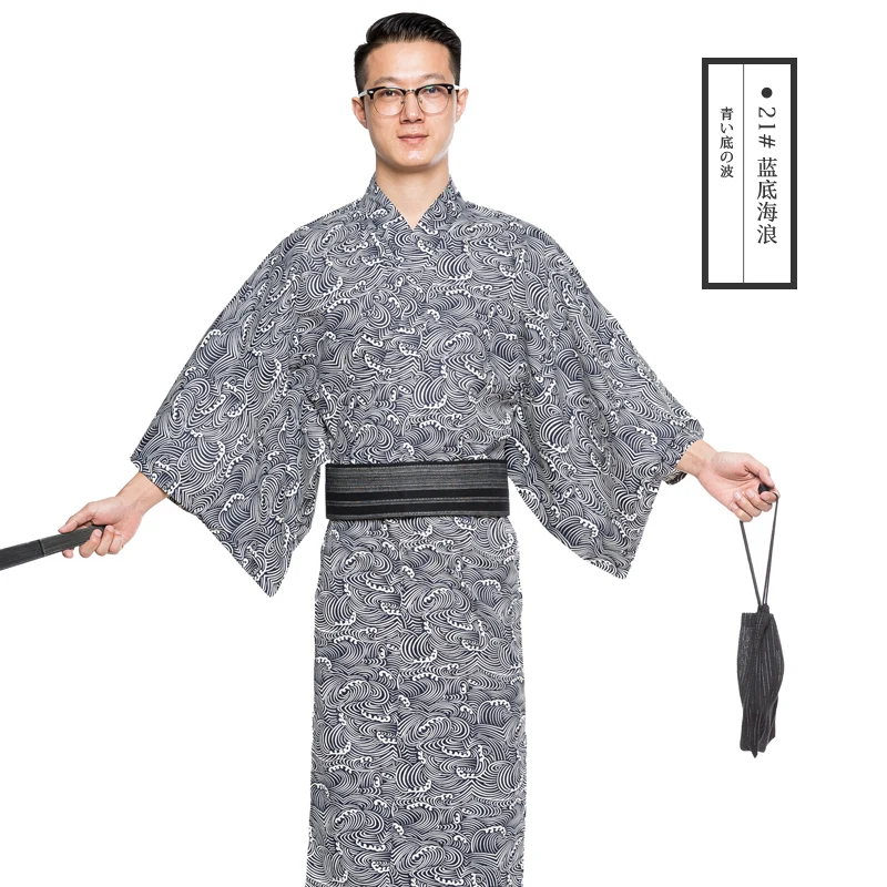 Traditional Japanese KIMONO Fashion YUKATA Summer Men Long Robes With Belt  95% Cotton Pajamas Set  Male Sleepwear Bathrobe