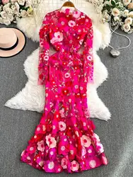 Quality Summer Autumn Fashion Flower Embroidery Lace Prom Wedding Dress Women Tulle Long Sleeve Mermaid Fishtail Dresses Party