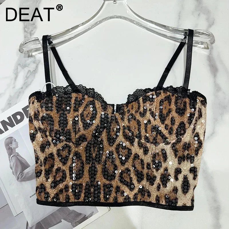 DEAT 2024 Autumn New Fashion Lace Sequin Leopard Print Fishbone Tank Top For Women Outwear Versatile Camisole Female 11A01336