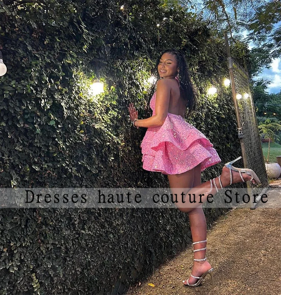 Vestido de fiesta corto con lentejuelas escalonadas, color rosa, Sexy, sin espalda, para fiesta de cumpleaños, vestido de cóctel personalizado para chica negra, 2025