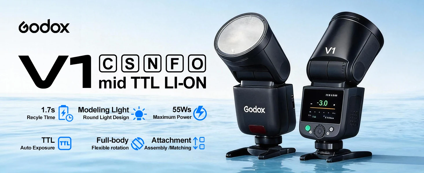 NEUER GODOX V1 Mid Speedlite Li-Ion Rundkopf-Kamerablitz TTL Wireless Speedlight für Canon Sony Nikon Fuji Olympus – Detail 1