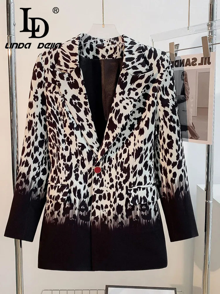 LD LINDA DELLA Autumn and winter New Style Elegant Coat Women\'s long sleeve Button Leopard Print Gradient MIDI style Suit Coat