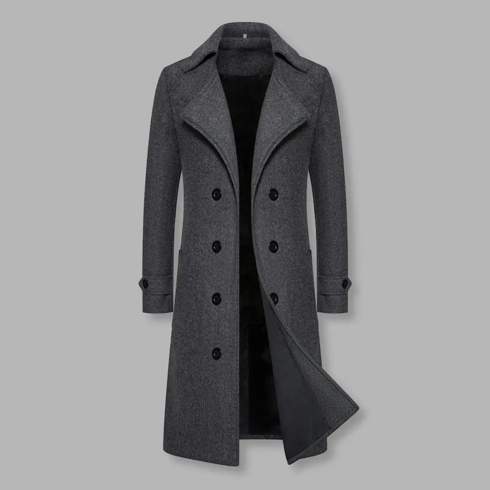 Double-breasted Coat Double-breasted Men\'s Overcoat Slim Fit Mid Length Long Sleeve Thick Windproof Warm Solid Color Cardigan