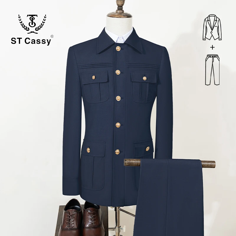 Immagine 5: Completo da Lavoro Stile Cacciatore Blu per Uomo, 2 Pezzi, Set Blazer Cargo Multi Tasche, Abbigliamento Casual e Streetwear per Uso Quotidiano e Outdoor