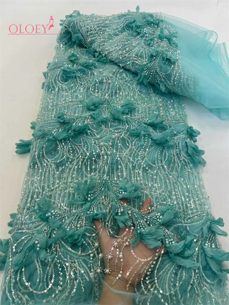 

OLOEY African Heavy Beaded Lace Fabric 2026 High Quality Nigerian Sequin Pearl Lace French Tulle Fabric For Wedding Party Dress