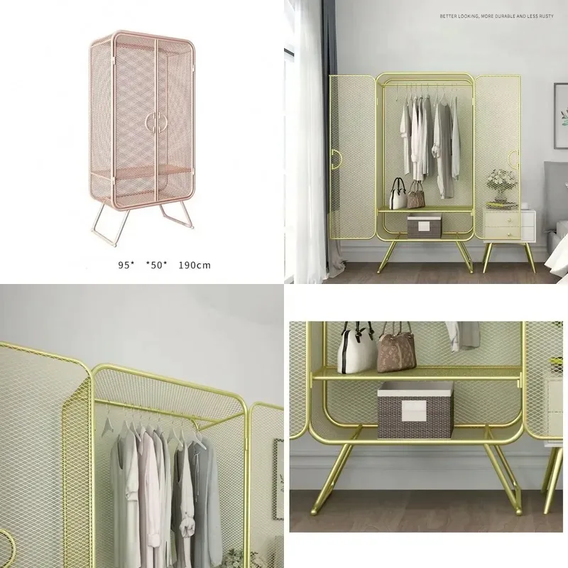 Modern Simple Light Luxury Open Wrought Iron Metal Wardrobe Installation Free Nordic Bedroom Clothing Storage Cabinet